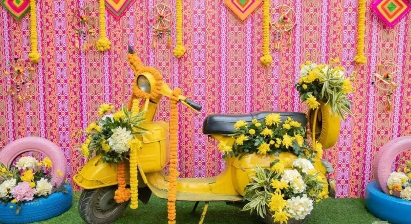 Haldi Background Decoration with Scooter Photo Booth